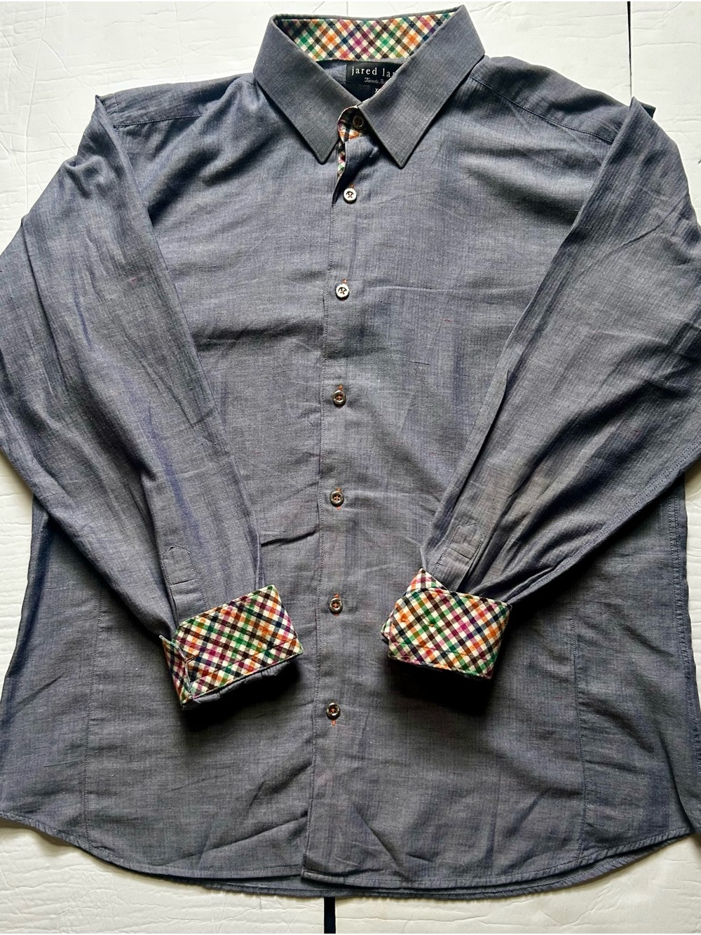 Jared Lang Gray Long-Sleeve Dress Shirt with Colorful Check Trim